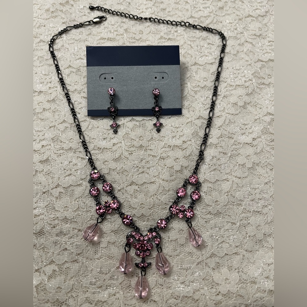Pink glass link necklace and earrings, 16”necklace, 1.5” earrings